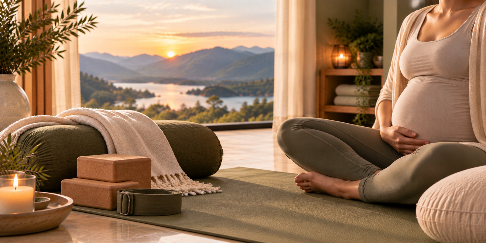 Pregnant woman seated on an olive yoga mat with one hand resting on her belly, surrounded by a bolster, blanket and cork yoga blocks.