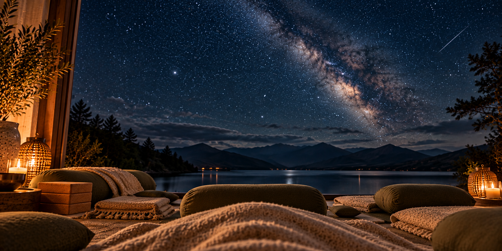 View of a star-filled night sky above a still Highland loch, framed by olive yoga bolsters, soft blankets and warm lantern light.