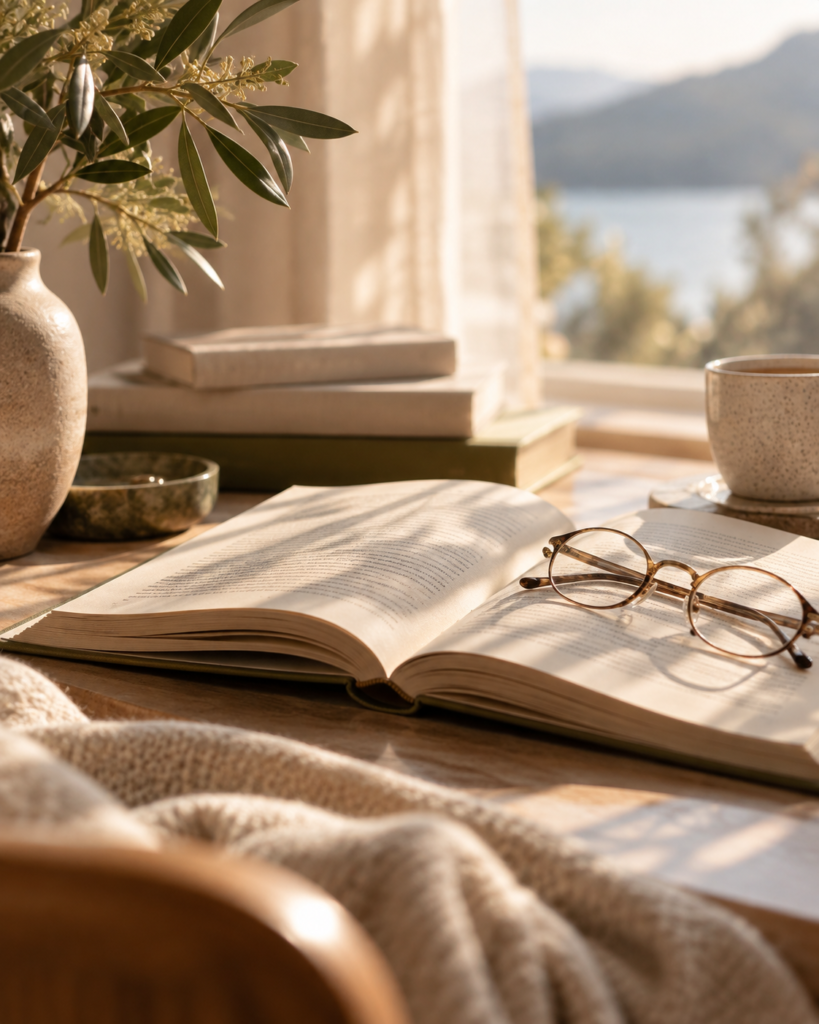 Open books and reading glasses representing study and reflection at Orenna Wellness
