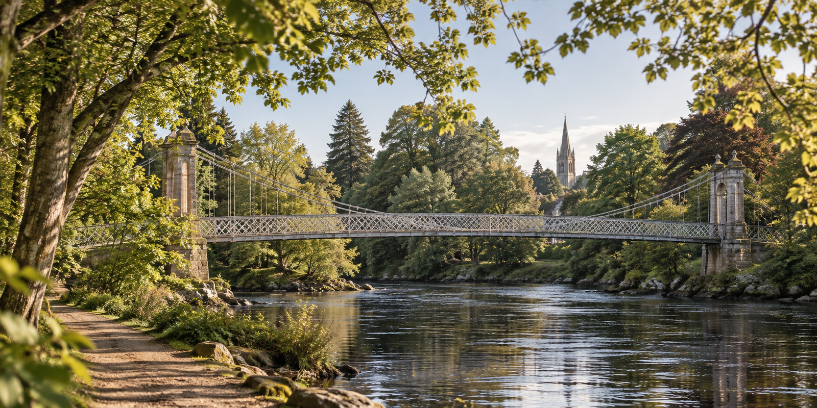 Ness Islands in Inverness, Scotland, with a pedestrian suspension bridge crossing the River Ness, surrounded by mature trees.