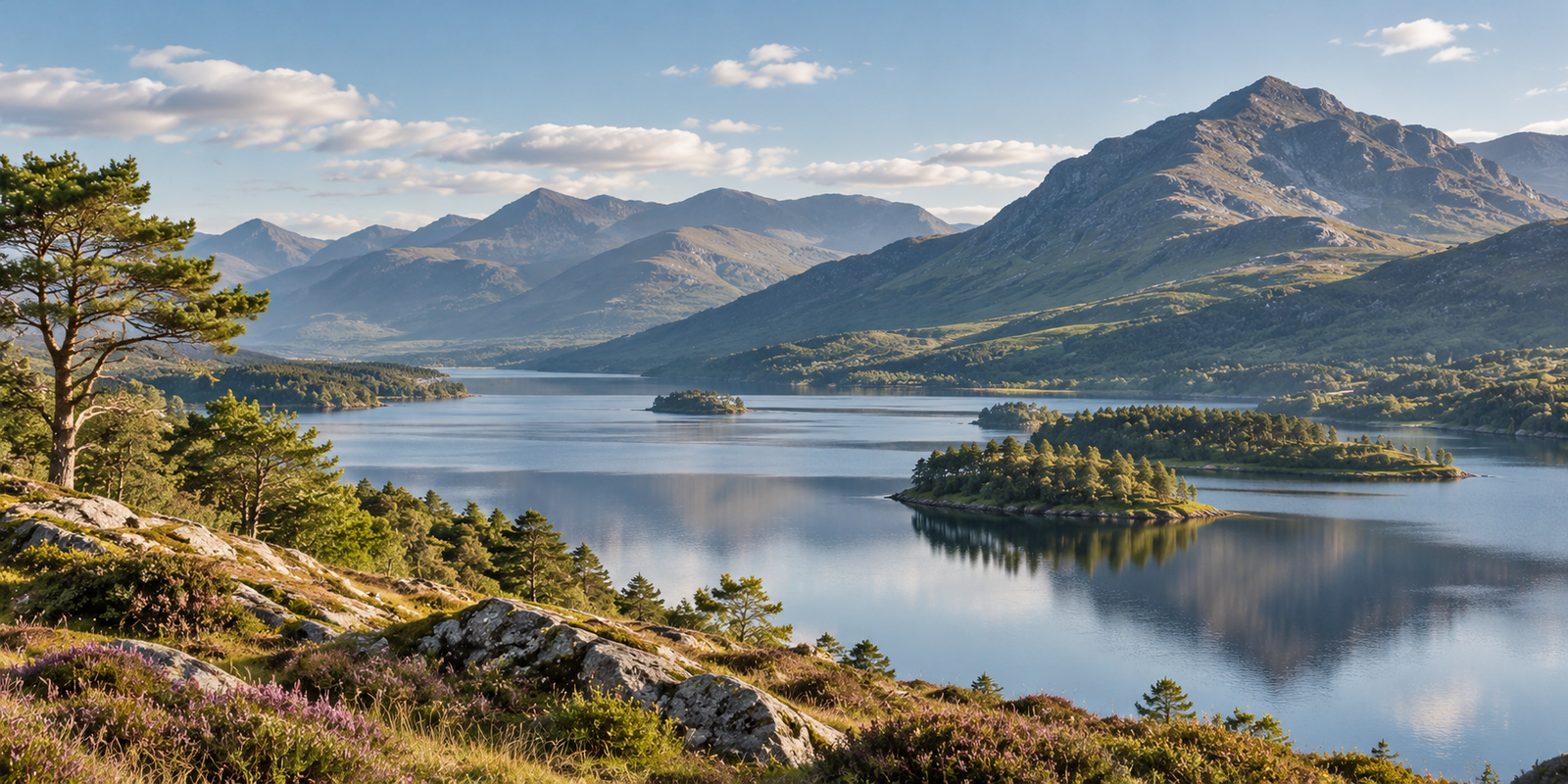 Scottish Highland landscape with a tranquil loch, wooded islands, ancient pine trees and mountains beneath a clear blue sky.