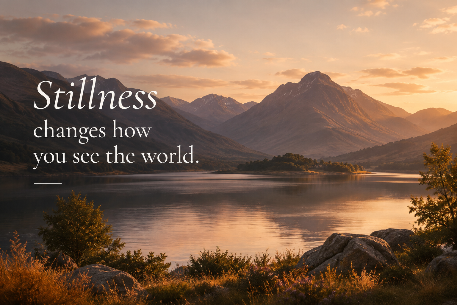 Serene Highland loch and mountains at sunset representing stillness and restorative yoga at Orenna Wellness.