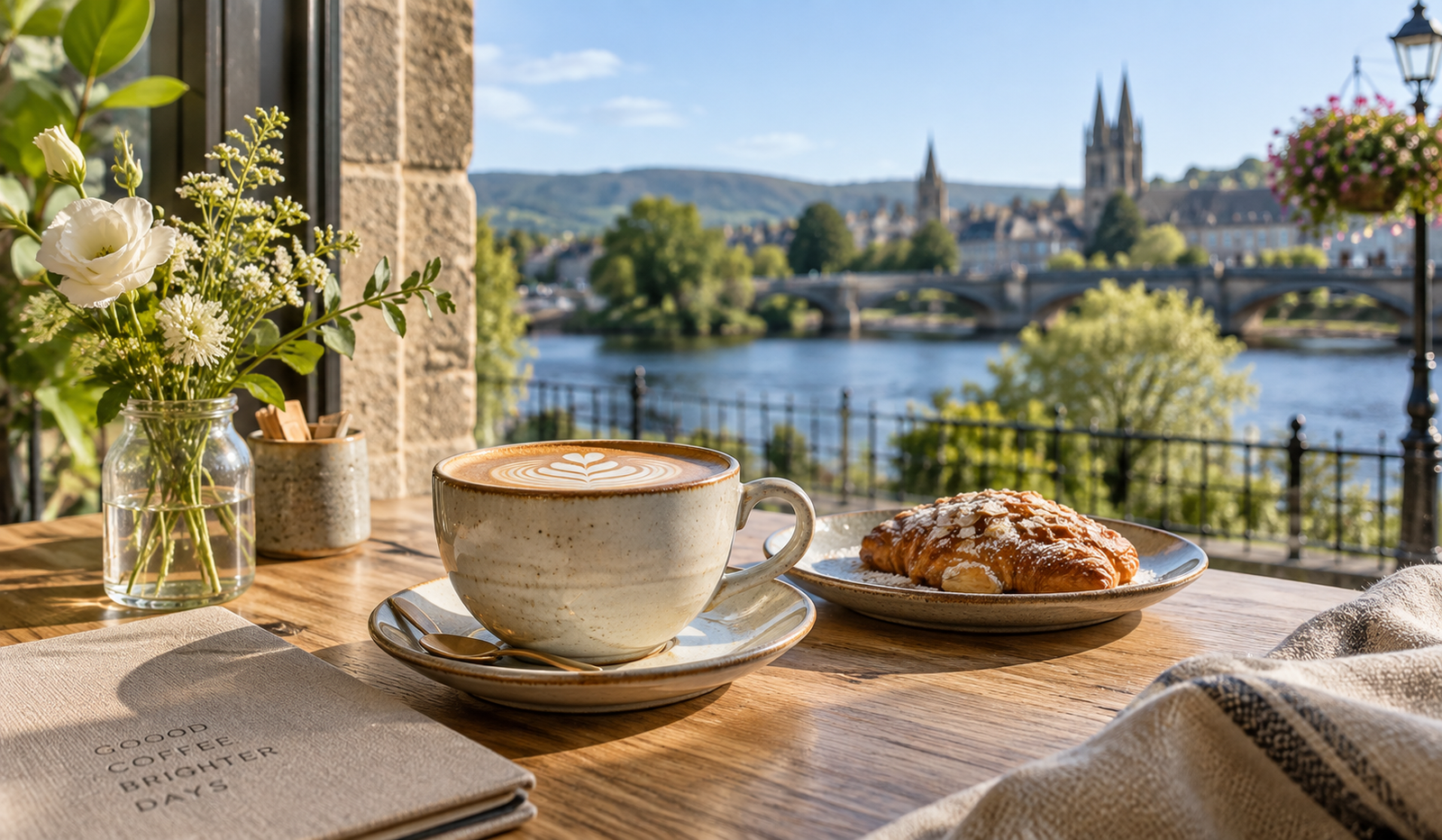 Ceramic cup of coffee and freshly baked pastry on a sunlit café table overlooking a riverside setting inspired by Inverness.
