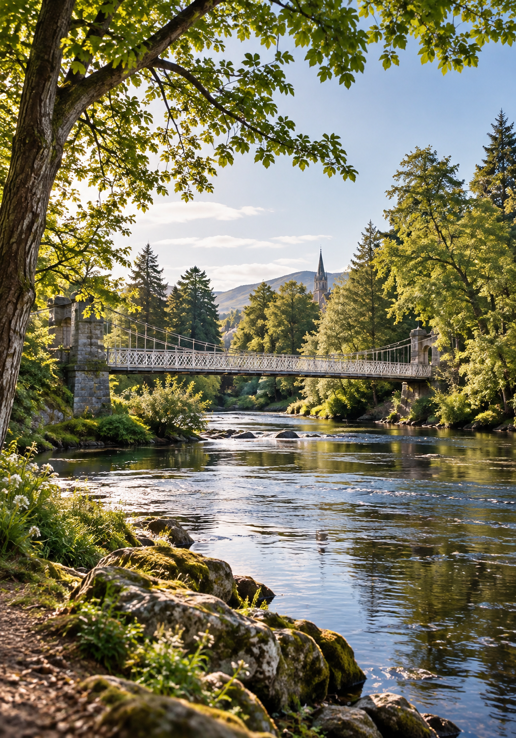 A suspension footbridge over the River Ness, surrounded by mature trees and sunlit woodland near Ness Islands in Inverness.