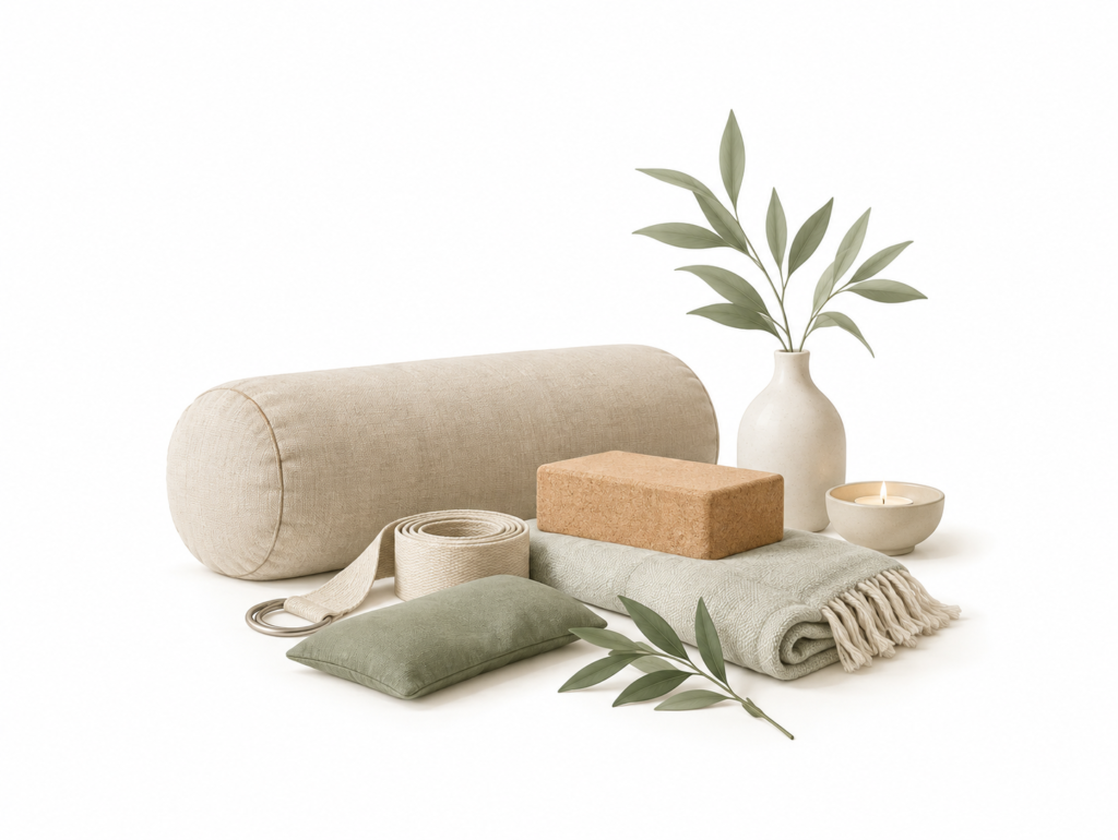 Illustration of a yoga bolster, folded blanket, cork block, yoga strap and cushion arranged with sage-green foliage.
