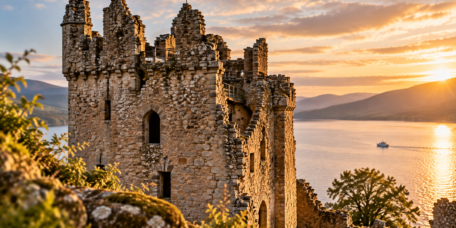 Close-up of a medieval stone castle tower inspired by Urquhart Castle, with weathered masonry and Loch Ness in the background.