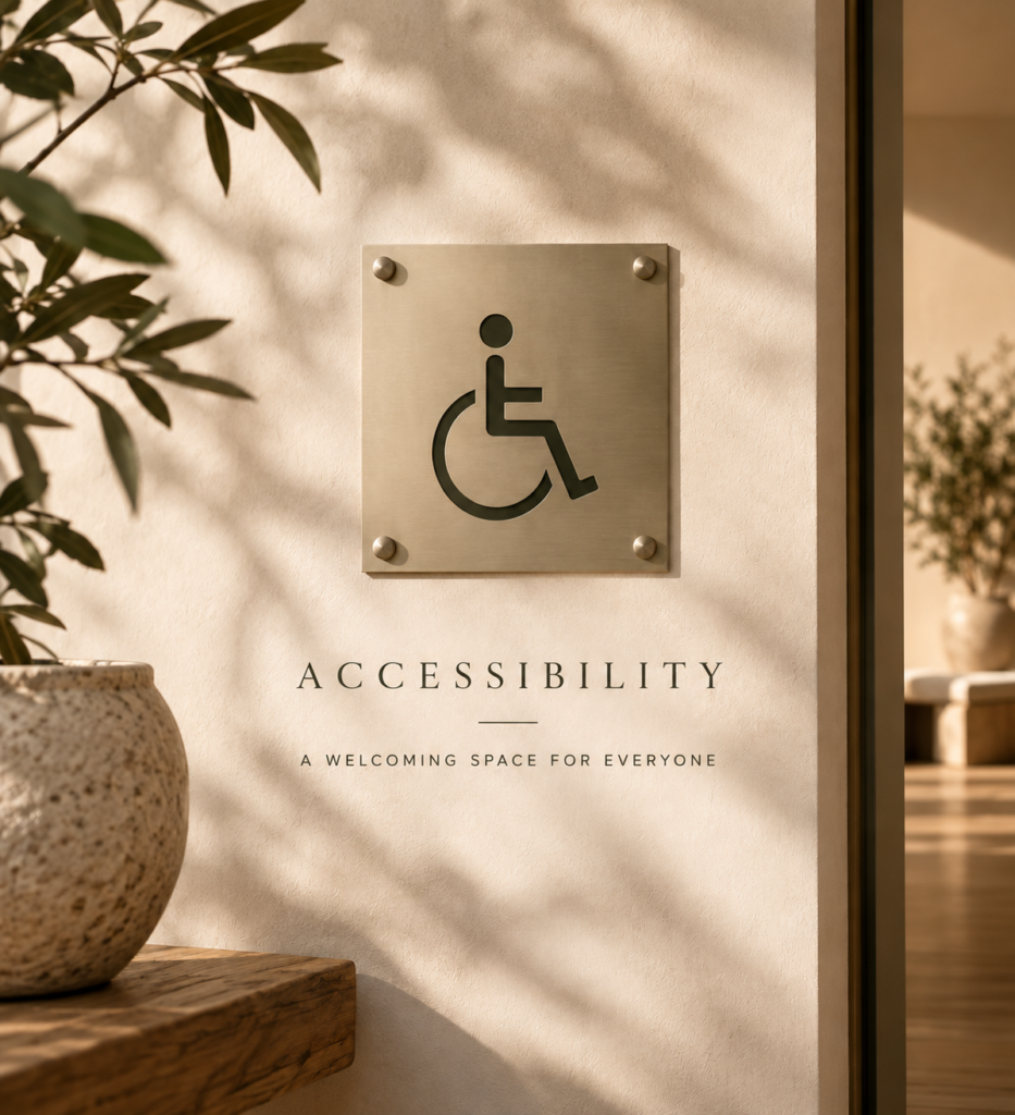 Bronze wheelchair accessibility symbol on a warm neutral wall, with natural foliage and soft lighting.
