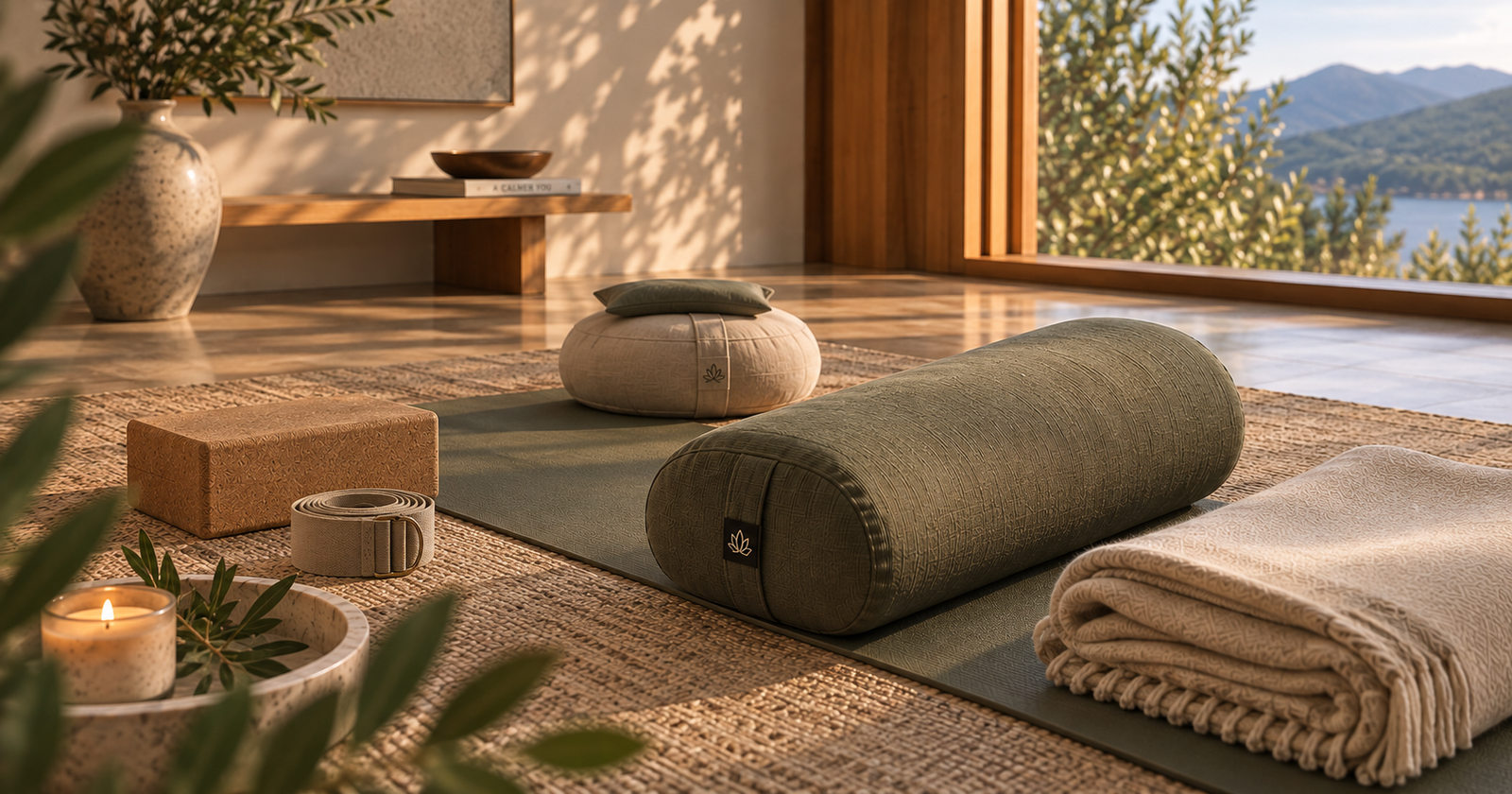 Overhead view of Yin Yoga props, including a bolster, cork block, strap and blanket, arranged on a yoga mat in warm natural light.