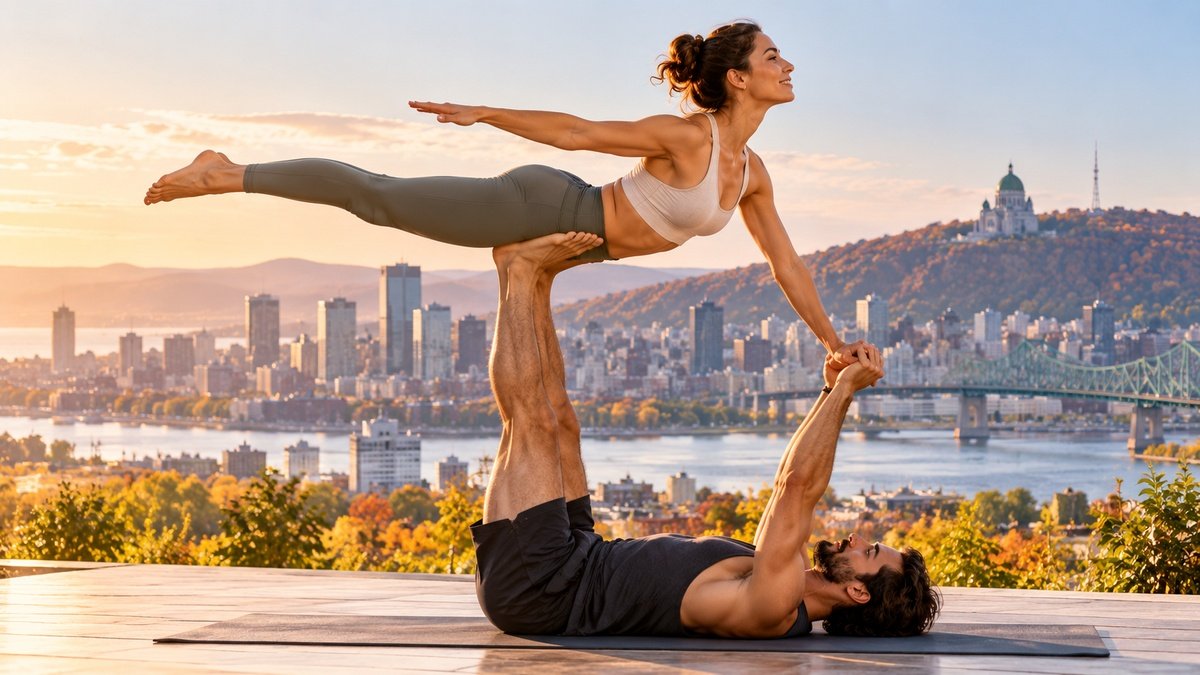 Acro Yoga partners practising a supported flying balance overlooking the Montreal skyline.