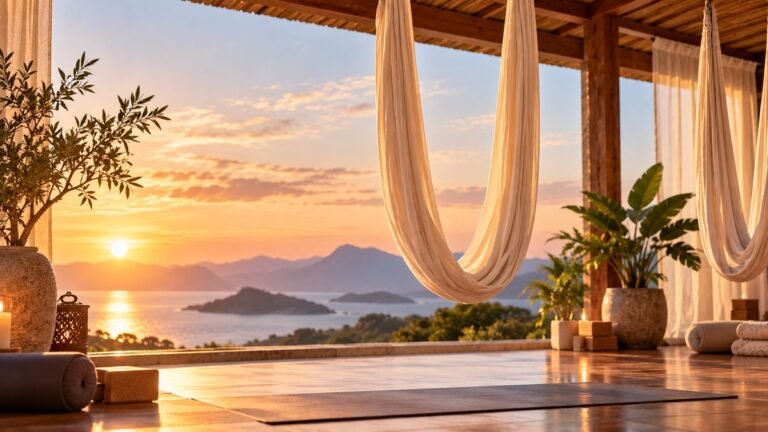 Aerial Yoga hammocks suspended in a peaceful open-air yoga studio overlooking mountains and water at sunset.