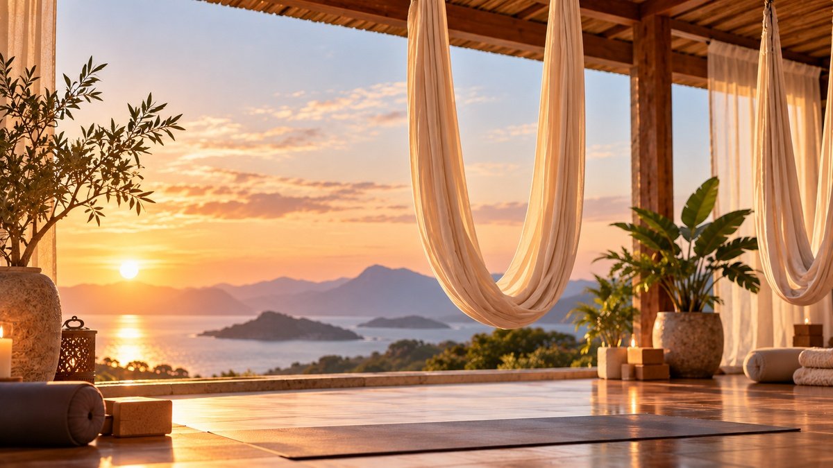 Aerial Yoga hammocks suspended in a peaceful open-air yoga studio overlooking mountains and water at sunset.