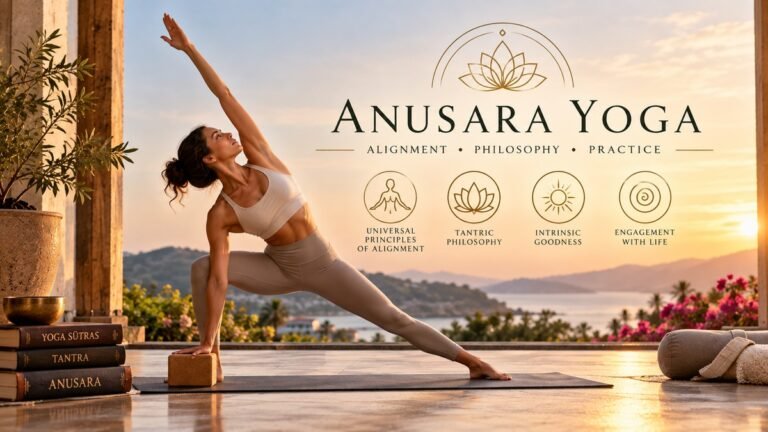 Woman practising Anusara Yoga with alignment support in a peaceful yoga setting.