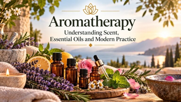 Aromatherapy with essential oil bottles, lavender, rosemary, citrus, rose and chamomile in a botanical setting.