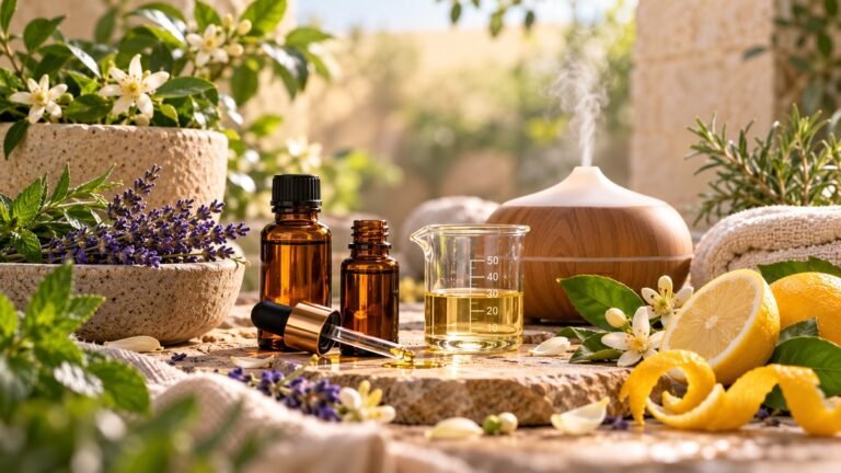 Aromatherapy safety with essential oil bottles, measured dilution, a diffuser, lavender, citrus and aromatic herbs.