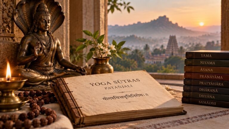 Representation of the Ashtanga eight limbs with Patañjali, the Yoga Sūtras and the eight limbs from yama to samādhi.
