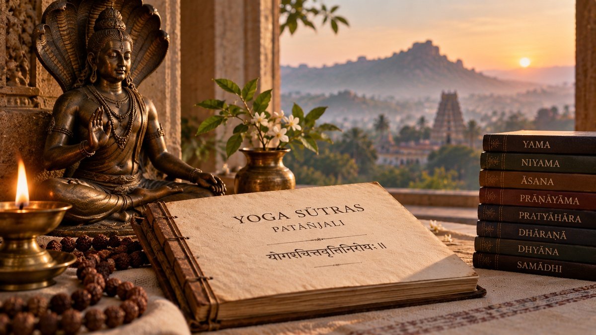Representation of the Ashtanga eight limbs with Patañjali, the Yoga Sūtras and the eight limbs from yama to samādhi.