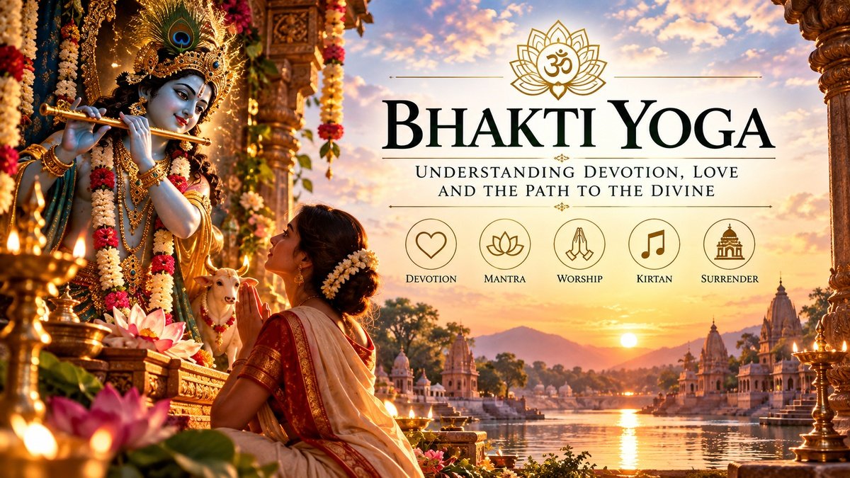 Bhakti Yoga illustration representing devotion and relationship with the Divine through Krishna, mantra, worship, kirtan and surrender.