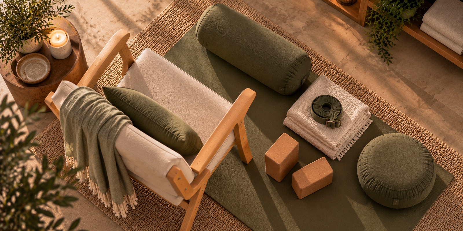 Overhead view of a cream yoga chair surrounded by olive bolsters, folded blankets, cork blocks and a yoga strap for adaptive yoga.