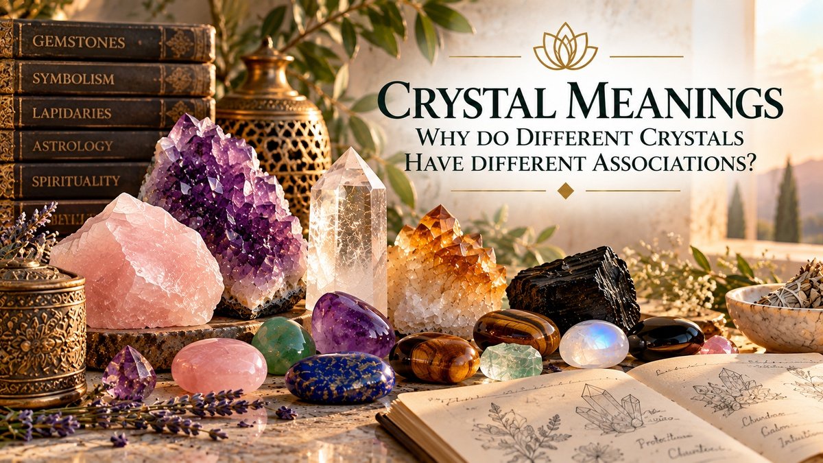 Crystal meanings represented by rose quartz, amethyst, clear quartz, citrine, black tourmaline and other stones alongside books on symbolism and astrology.