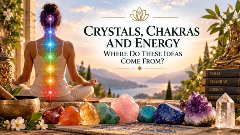 Crystals and chakras represented by seven coloured chakra symbols alongside crystals in a meditation setting.
