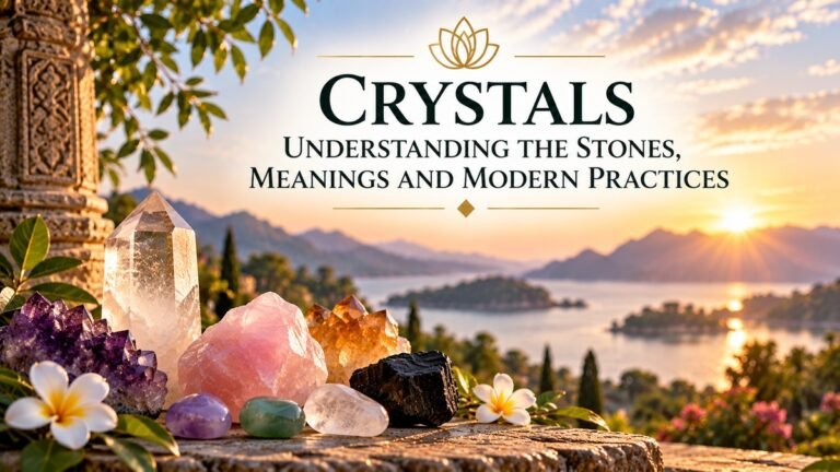 Crystals including clear quartz, amethyst, rose quartz, citrine and black tourmaline displayed in a natural landscape.