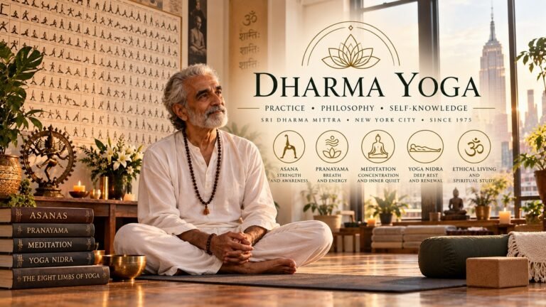 Editorial representation of Sri Dharma Mittra and Dharma Yoga, with the Master Yoga Chart and elements of asana, pranayama and meditation.