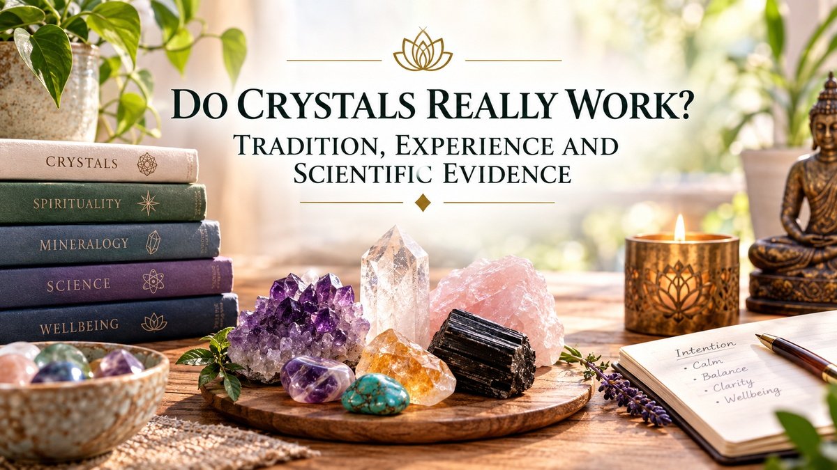 Do crystals work? Crystals displayed with books on mineralogy, science and spirituality in a contemplative setting.
