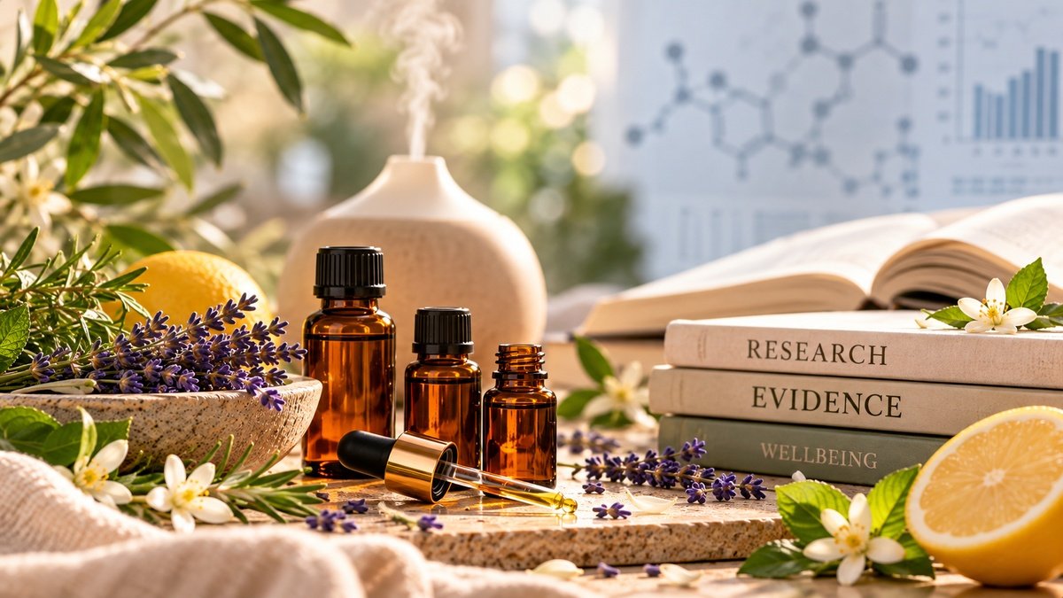 Does aromatherapy work? Essential oils, lavender, citrus and a diffuser displayed beside books representing research and evidence.