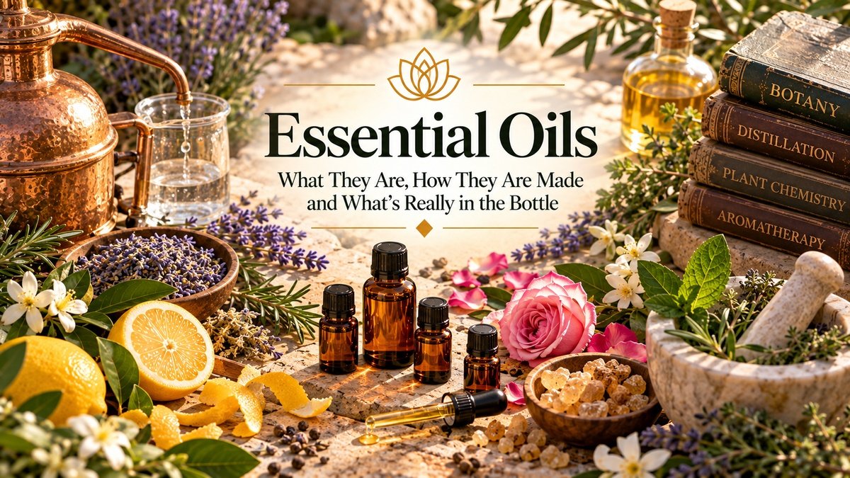 Essential oils with amber bottles, lavender, citrus, roses and herbs beside traditional copper distillation equipment.