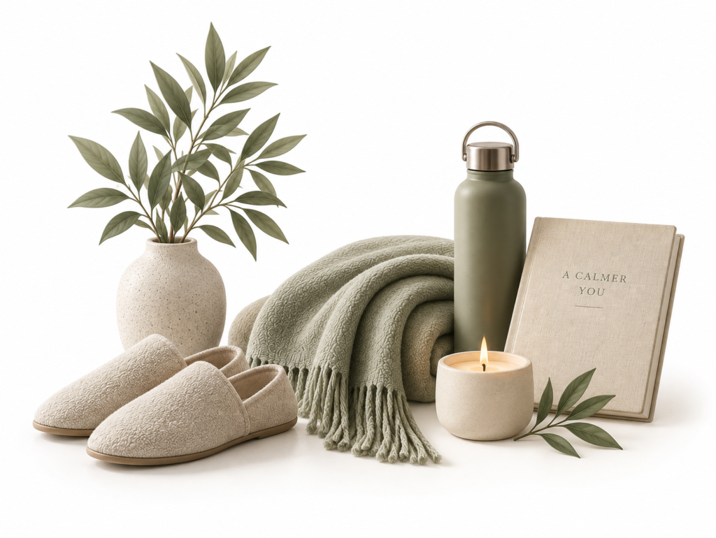 Minimalist illustration of slippers, a folded sage-green blanket, a journal, a water bottle and a lit candle beside a vase of greenery.