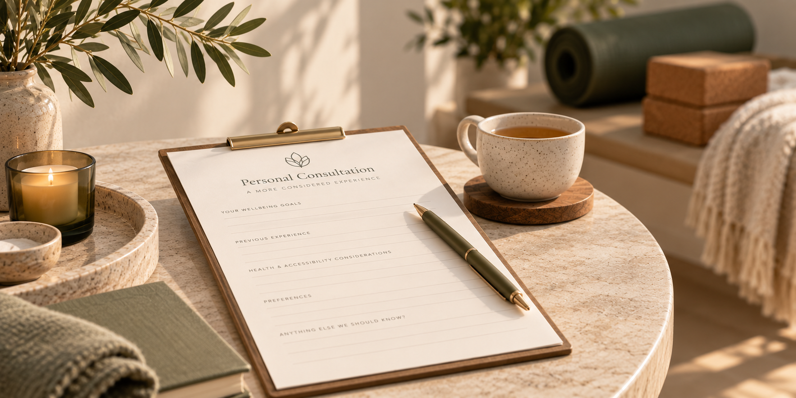 A personal consultation form on a clipboard with a pen and cup of tea, representing preparation for a private yoga experience at Orenna Wellness.