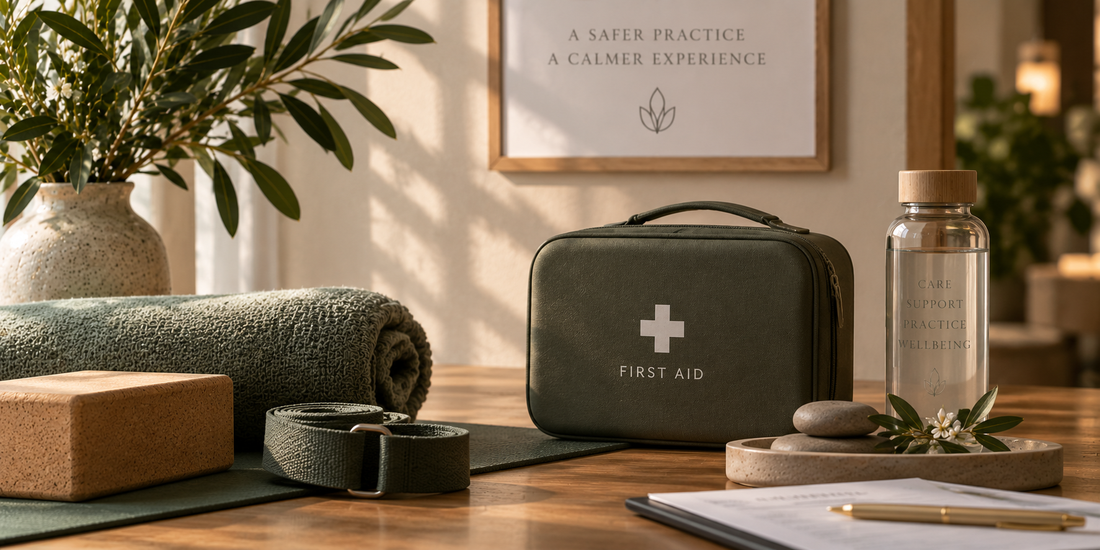 Olive-green First Aid kit beside a yoga mat, cork block, blanket and consultation clipboard in a calm wellness setting.
