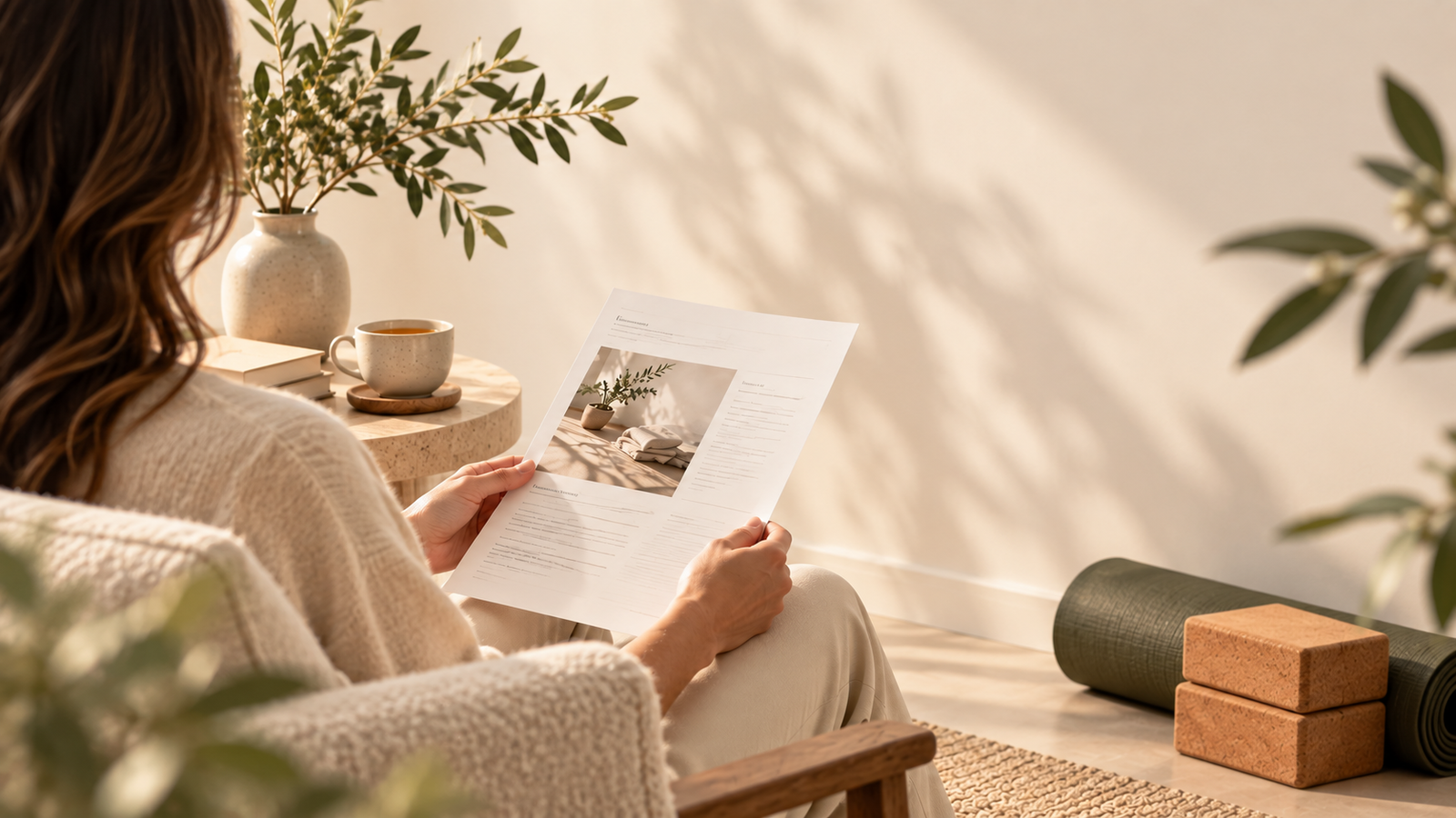 Guest reading a wellness information sheet beside a cup of tea, with an olive-green yoga mat and cork blocks in a calm, cream-coloured setting.