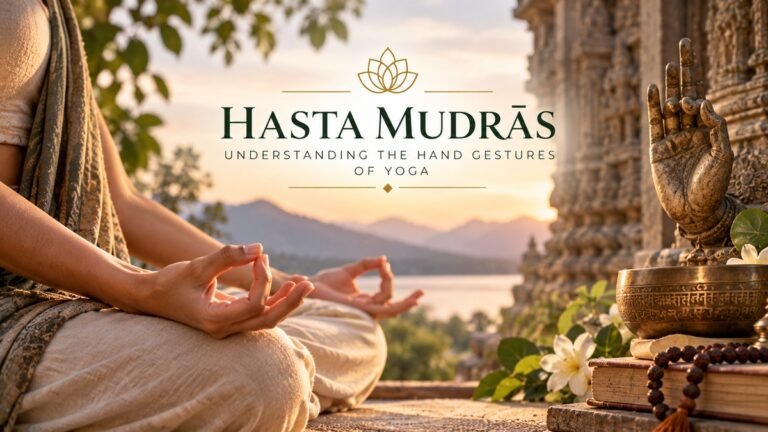 Hasta Mudras represented through meditative hand gestures in a peaceful yoga setting with traditional symbolic elements.