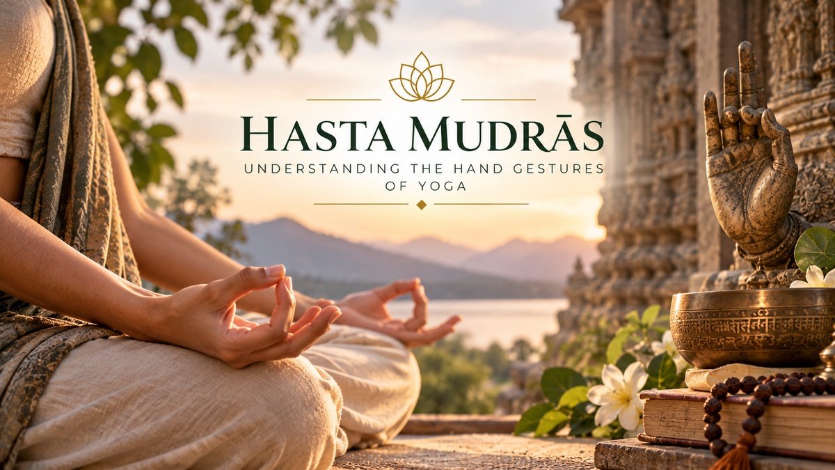 Hasta Mudras represented through meditative hand gestures in a peaceful yoga setting with traditional symbolic elements.