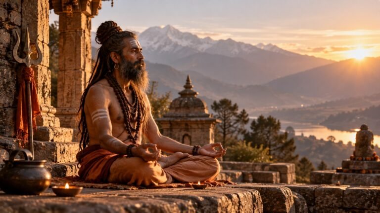 Hatha Yoga representation of a Nāth yogi meditating in a Himalayan setting associated with the tradition of Gorakhnath.