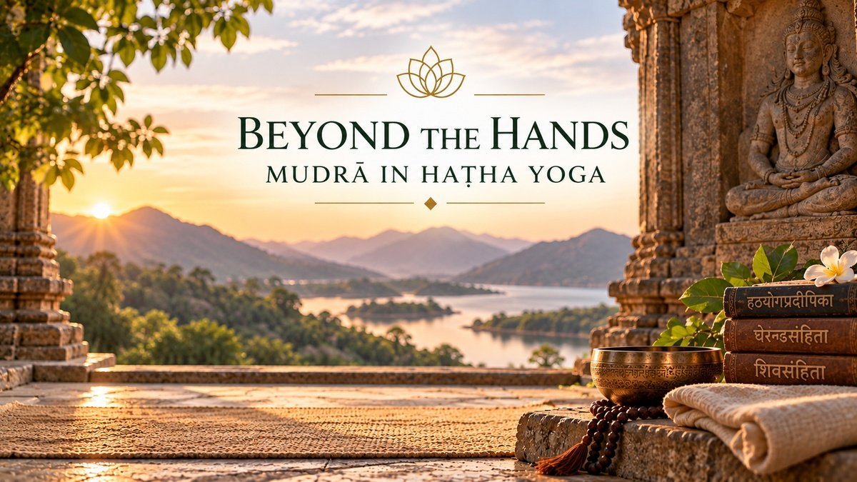 Hatha Yoga Mudras feature image with traditional yoga texts, mala beads and symbolic objects in a temple setting overlooking mountains.