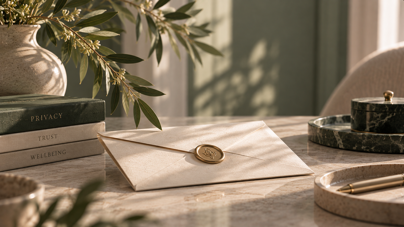 Sealed cream envelope with a gold botanical seal beside books labelled Privacy, Trust and Wellbeing on a sunlit marble desk.