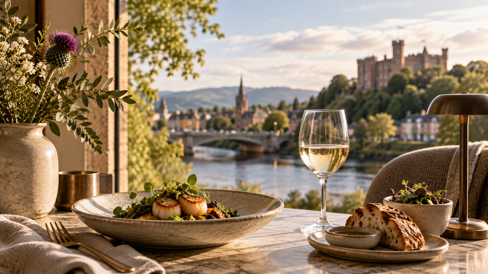 Elegant dining table with Scottish seafood, artisan bread and a glass of white wine overlooking a Highland riverside cityscape.