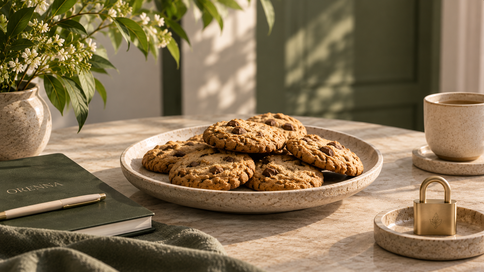 Plate of chocolate chip cookies on a marble desk beside a green Orenna journal, ceramic cup and brass padlock, illustrating the Orenna Wellness Cookie Policy.