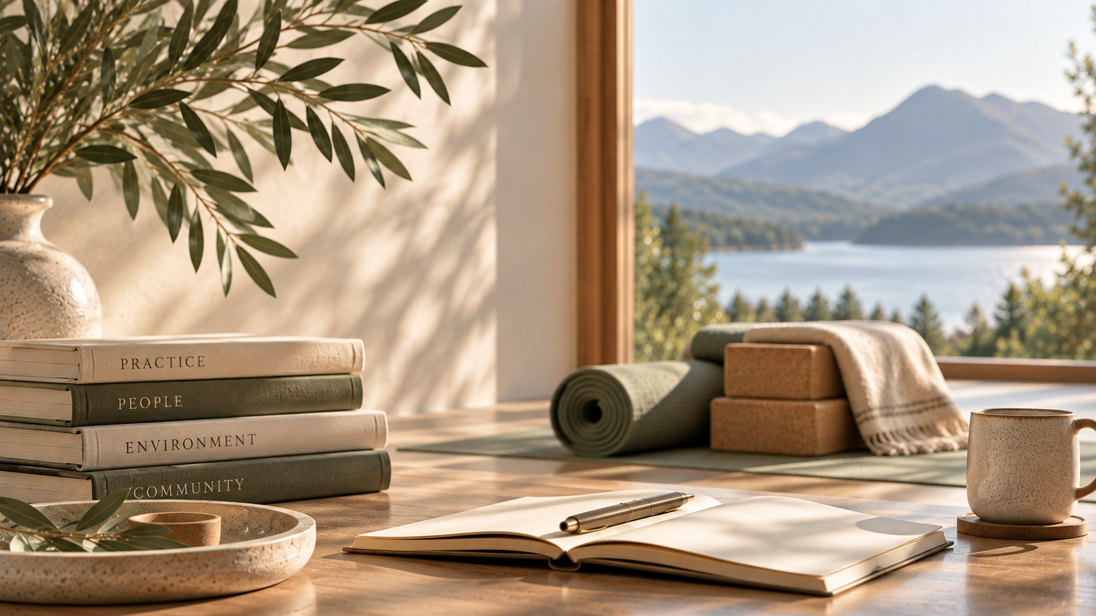 Yoga props, professional reference books and an open journal overlooking a Highland loch, illustrating Orenna Wellness's scope of practice.