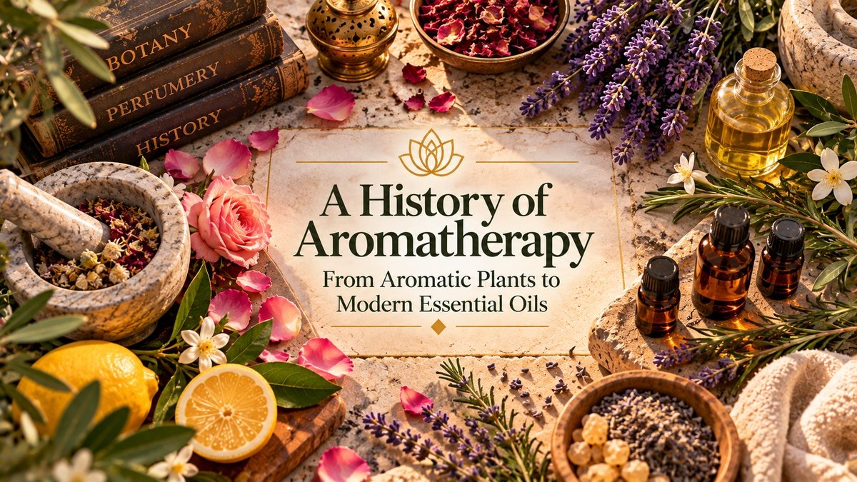 History of aromatherapy represented by essential oils, lavender, roses, citrus, aromatic plants and traditional botanical preparations.