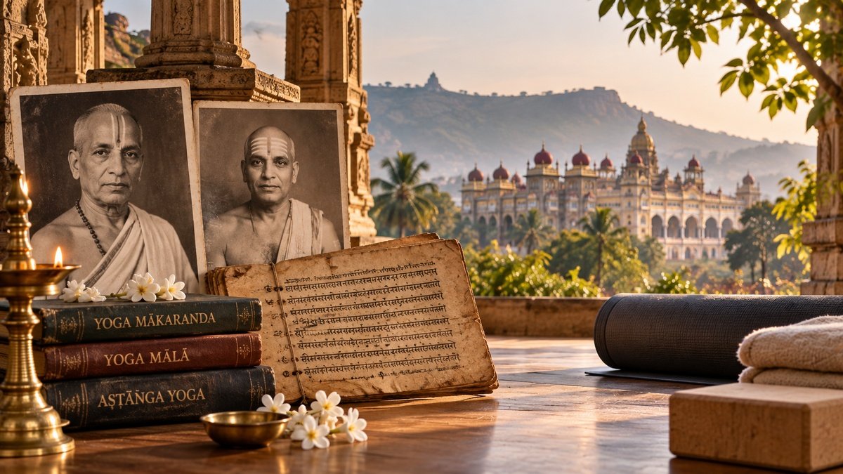 Historical representation of the history of Ashtanga Yoga in Mysore, with yoga texts, archival portraits and Mysore Palace.