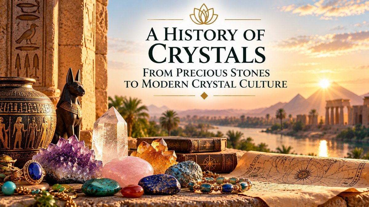 History of crystals represented by quartz, amethyst, lapis lazuli, turquoise and ancient Egyptian objects beside the Nile.