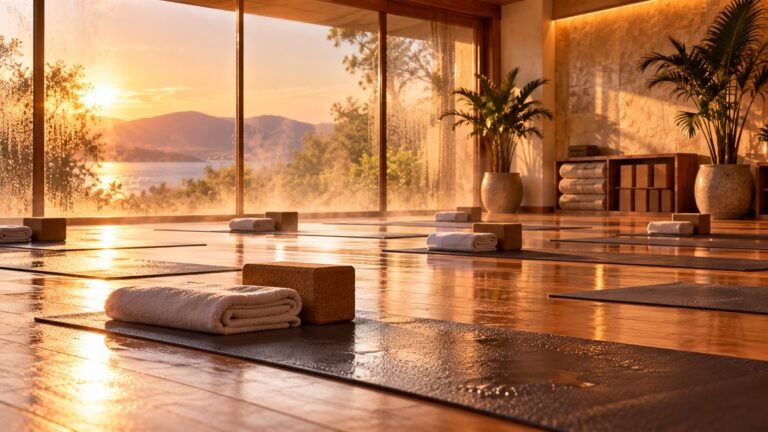 Hot Yoga studio with yoga mats, towels and blocks in a warm, humid practice space.