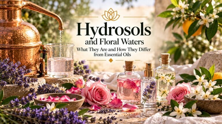 Hydrosols and floral waters with rose, lavender and orange blossom beside traditional botanical distillation equipment.