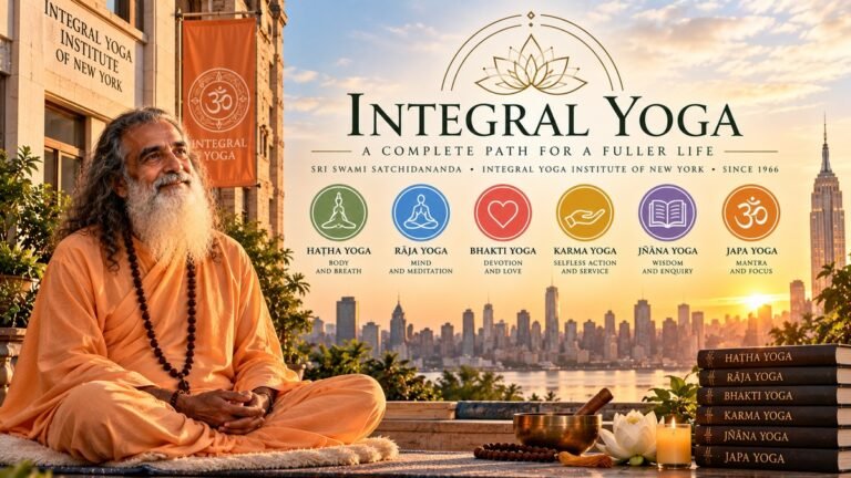 Integral Yoga illustration representing Swami Satchidananda and the six branches of Hatha, Raja, Bhakti, Karma, Jnana and Japa Yoga.