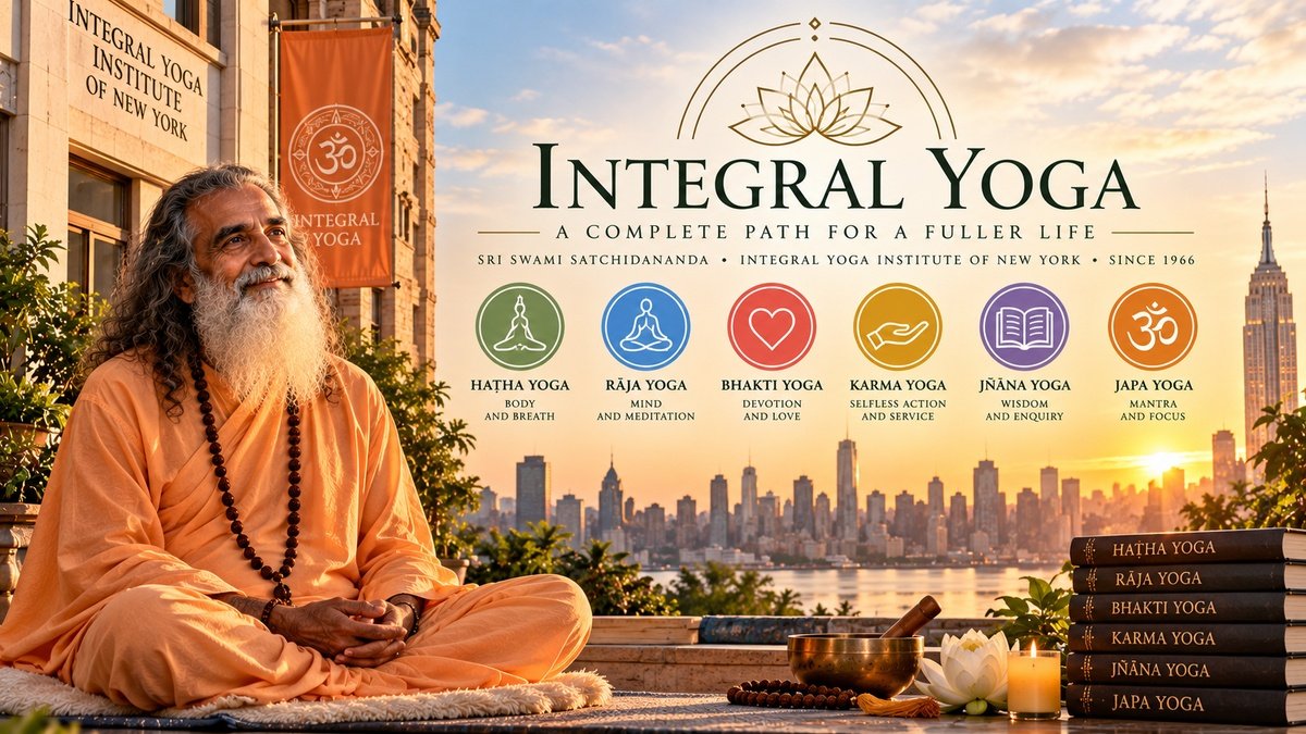 Integral Yoga illustration representing Swami Satchidananda and the six branches of Hatha, Raja, Bhakti, Karma, Jnana and Japa Yoga.