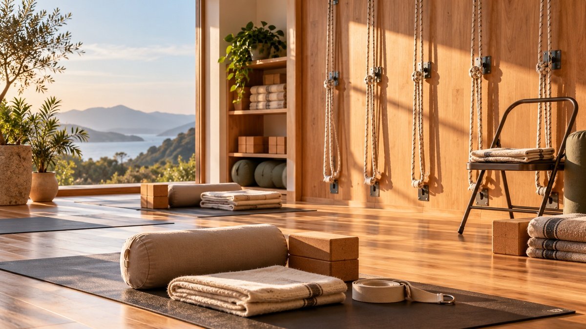 Iyengar Yoga studio with wall ropes, chair, bolsters, blankets, blocks and belts arranged for practice.