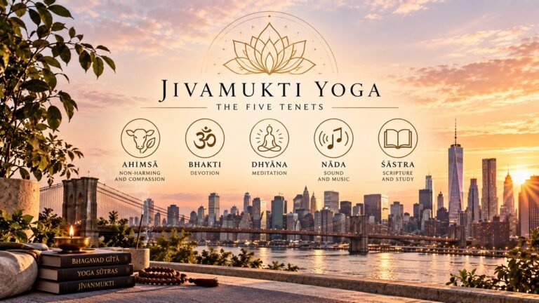 Jivamukti Yoga Five Tenets — ahimsa, bhakti, dhyana, nada and shastra — illustrated against the New York City skyline.